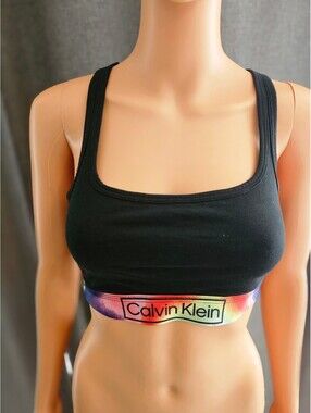 Calvin Klein Black Racerback Sports Bra with Rainbow Logo Band, Size M